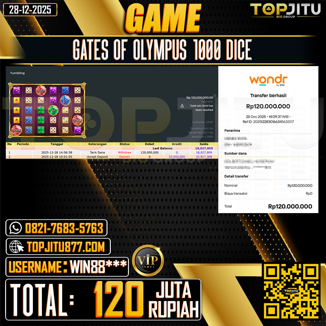  TOPJITU JACKPOT SLOT GATES OF OLYMPUS 1000 DICE Rp.120.000.000 ,- LUNAS USER ID: WIN88***