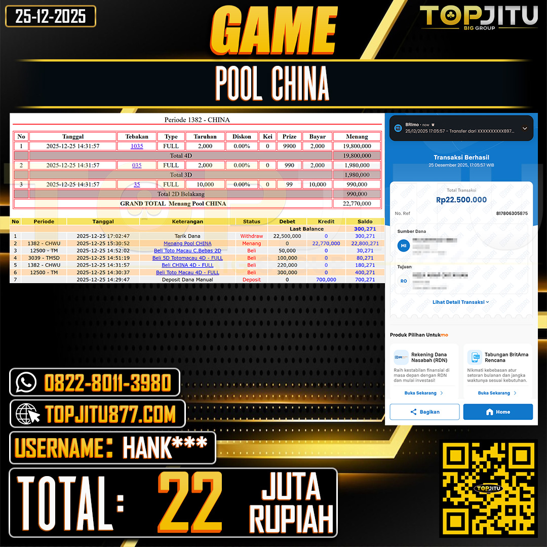 TOPJITU JACKPOT TOGEL PASARAN CHINA Rp.22.000.000 ,- LUNAS USER ID: HANK***