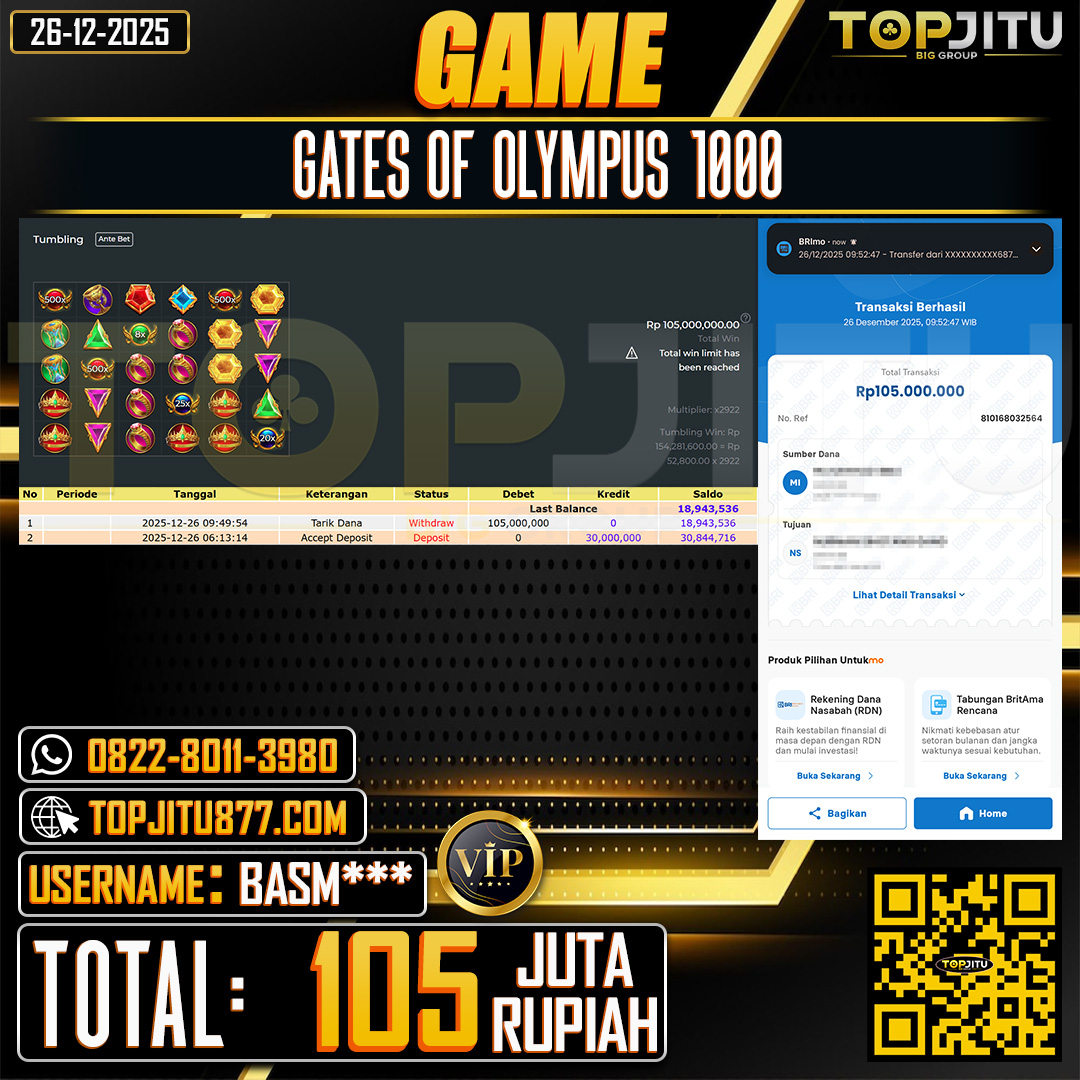 TOPJITU JACKPOT SLOT GATES OF OLYMPUS 1000 Rp.105.000.000 ,- LUNAS USER ID: BASM***