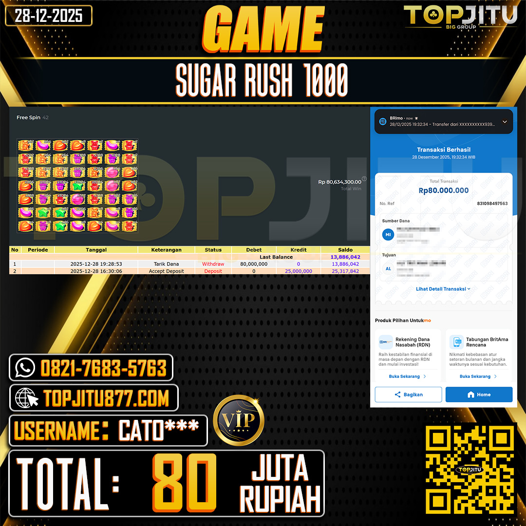  TOPJITU JACKPOT SLOT SUGAR RUSH 1000 Rp.80.000.000 ,- LUNAS USER ID: CATO***