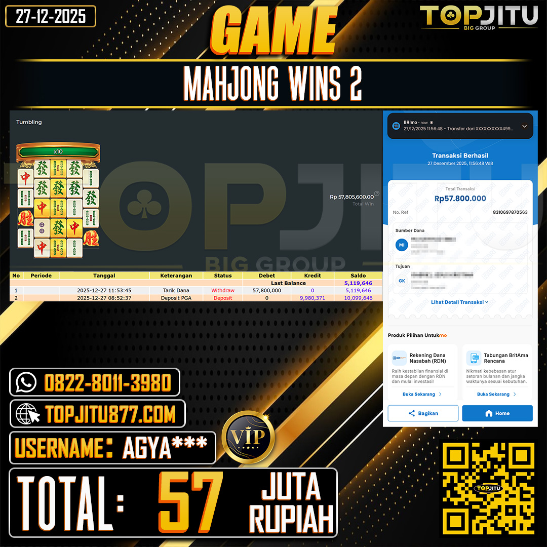  TOPJITU JACKPOT SLOT MAHJONG WINS 2 Rp.57.000.000 ,- LUNAS USER ID: AGYA***