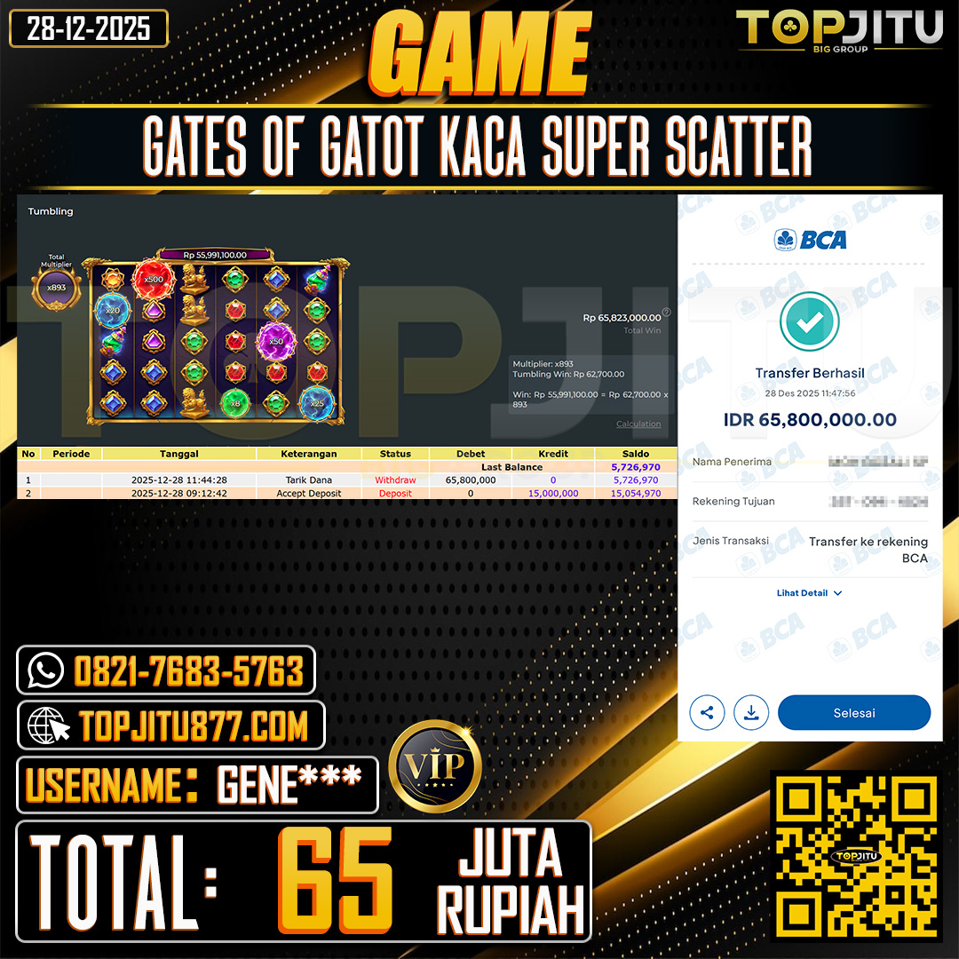  TOPJITU JACKPOT SLOT GATES OF GATOT KACA SUPER SCATTER Rp.65.000.000 ,- LUNAS USER ID: GENE***