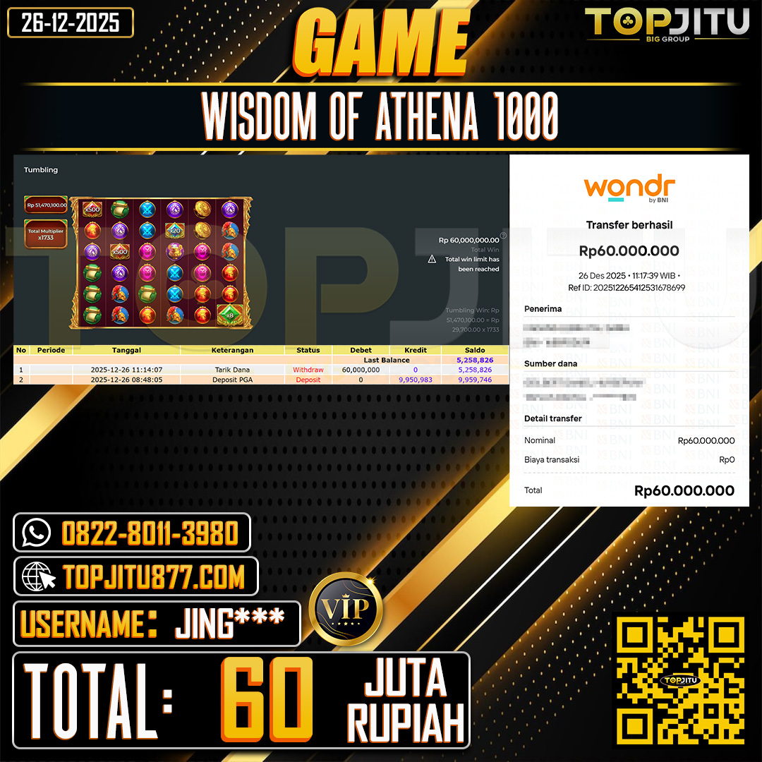 TOPJITU JACKPOT SLOT WISDOM OF ATHENA 1000 Rp.60.000.000 ,- LUNAS USER ID: JING***