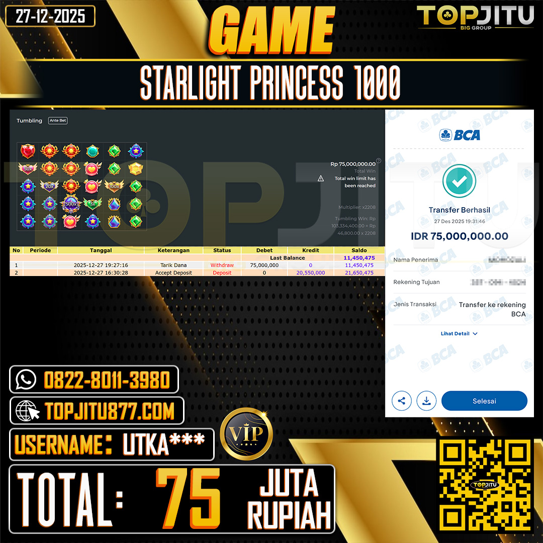  TOPJITU JACKPOT SLOT STARLIGHT PRINCESS 1000 Rp.75.000.000 ,- LUNAS USER ID: UTKA***